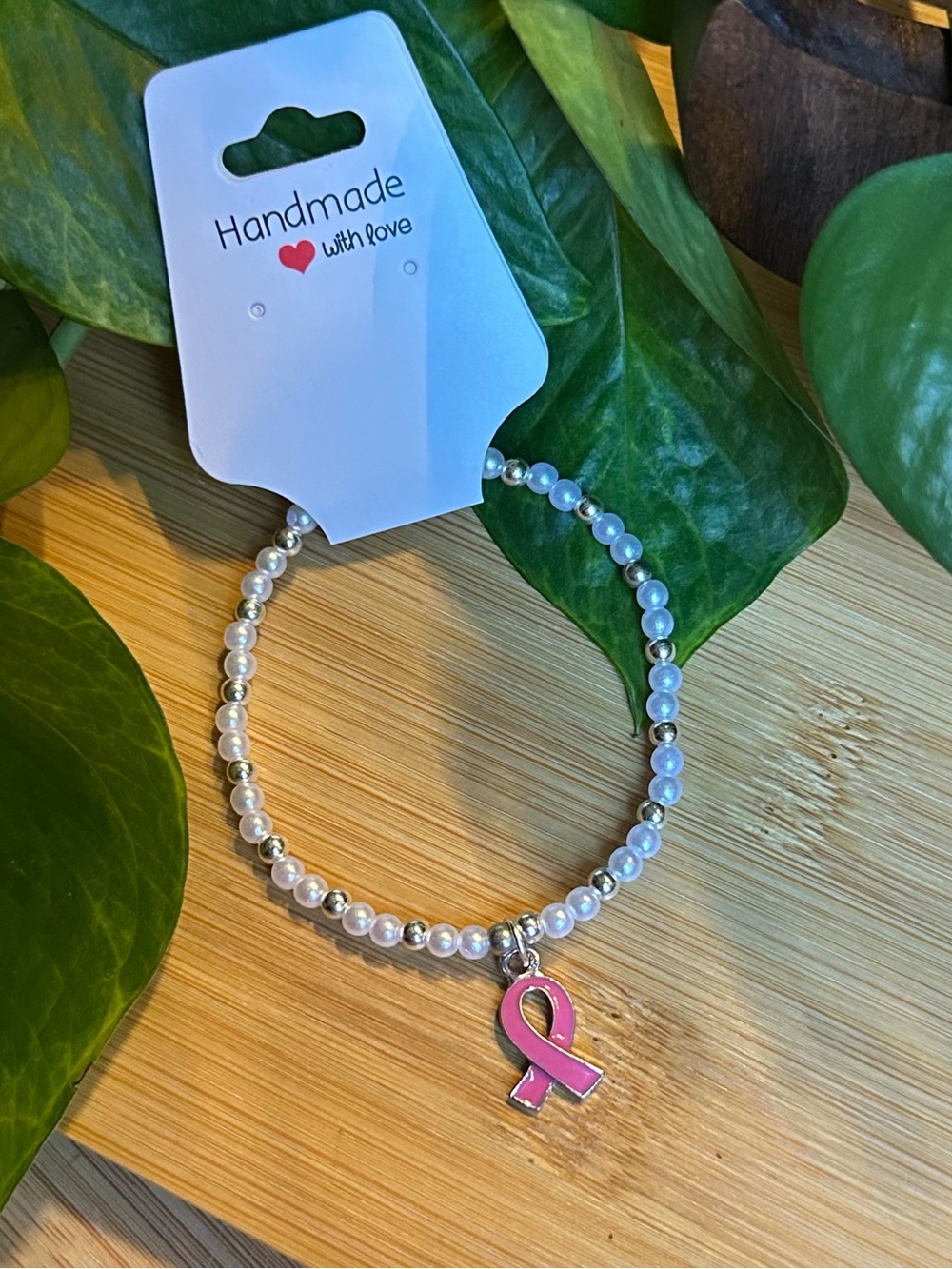 🎀 Breast Cancer Awareness Stretchy Beaded Bracelet | Handmade | Dangle Charm 🎀